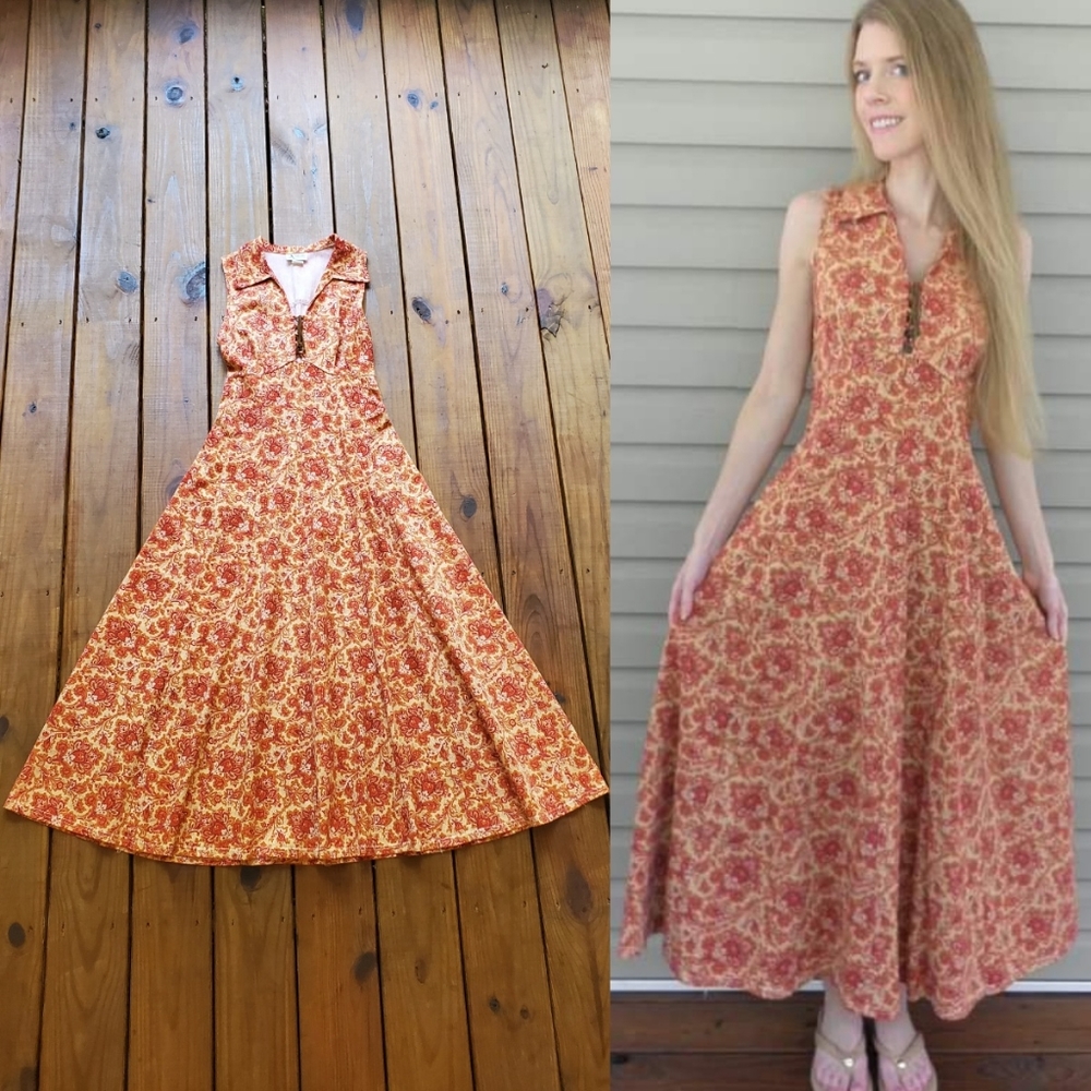 Vintage 90's S/M red floral corset maxi dress